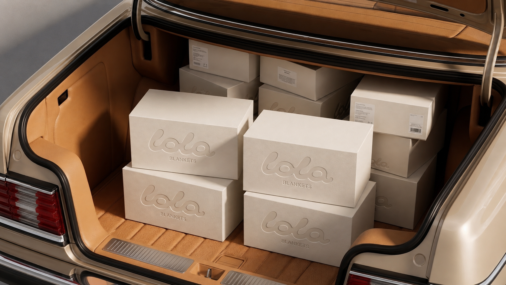 lola blankets packaging boxes car trunk