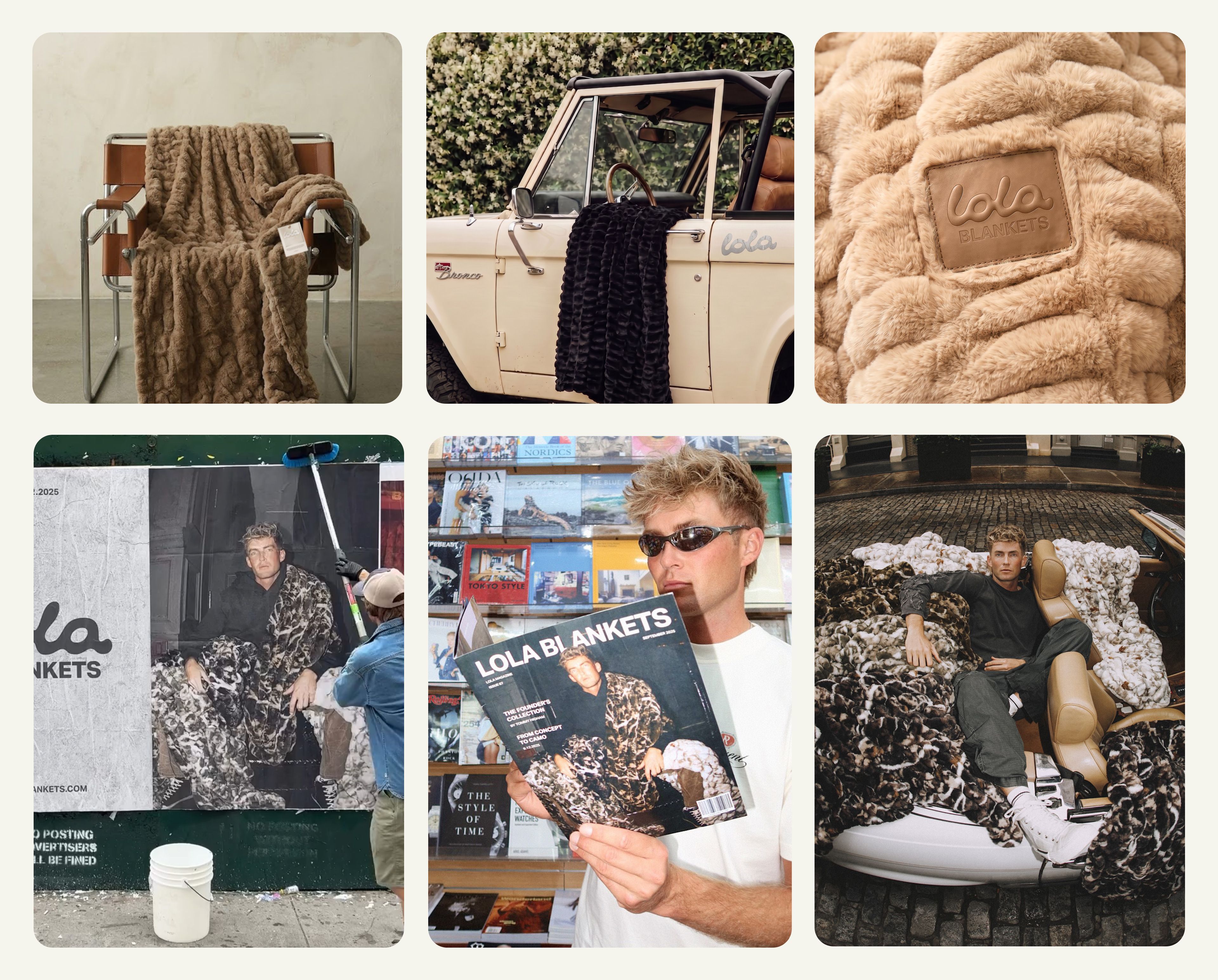 Brand applications grid for Lola Blankets with the camel colorway leather patch detail in the top right, by TRUFFL branding agency.