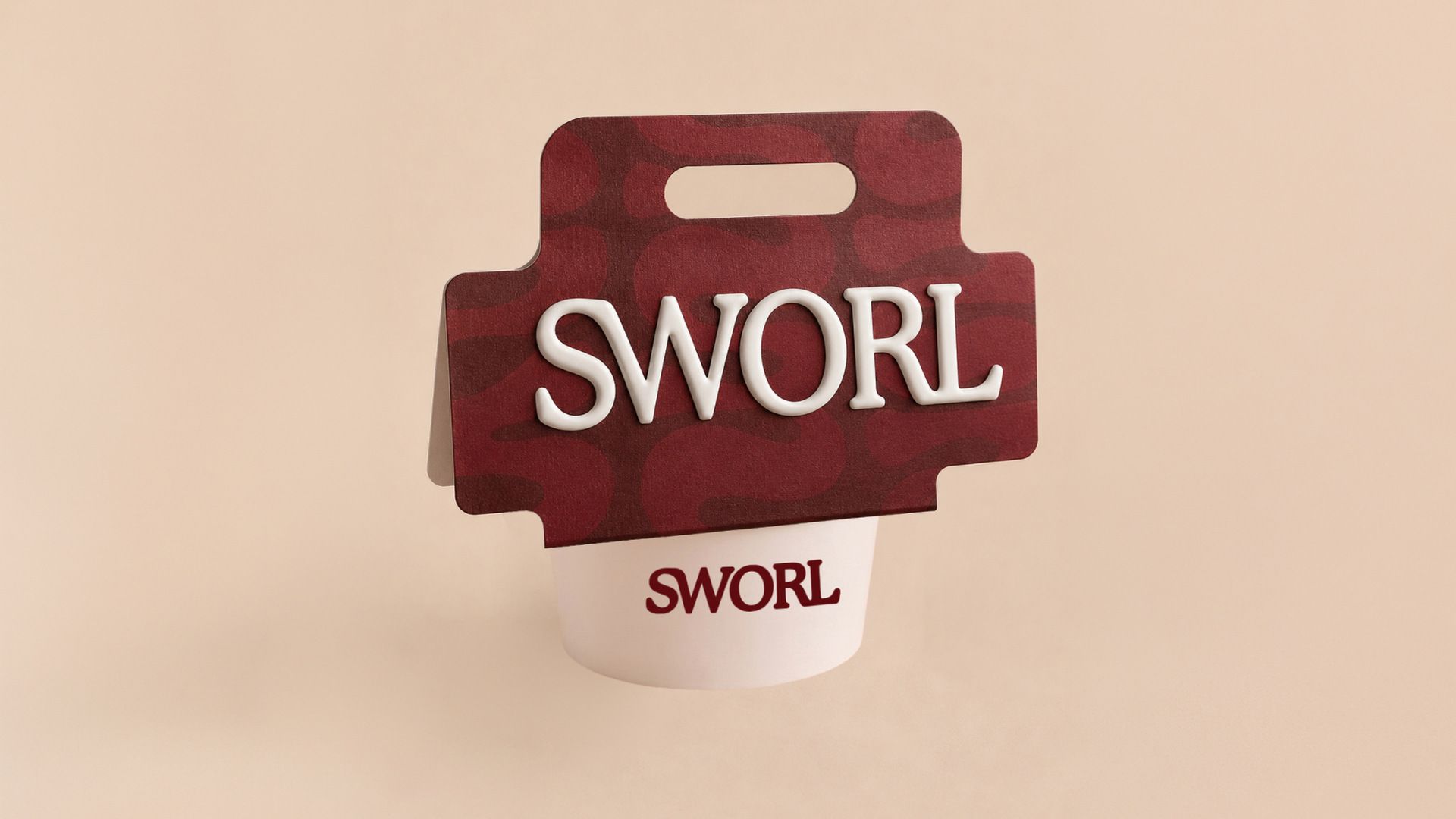 Packaging design for SWORL featuring the patterned burgundy carrier and soft serve bowl by TRUFFL branding agency