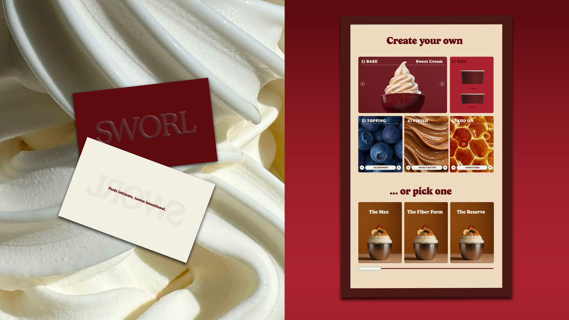 Brand identity for SWORL featuring embossed business cards and the ordering kiosk by TRUFFL branding agency