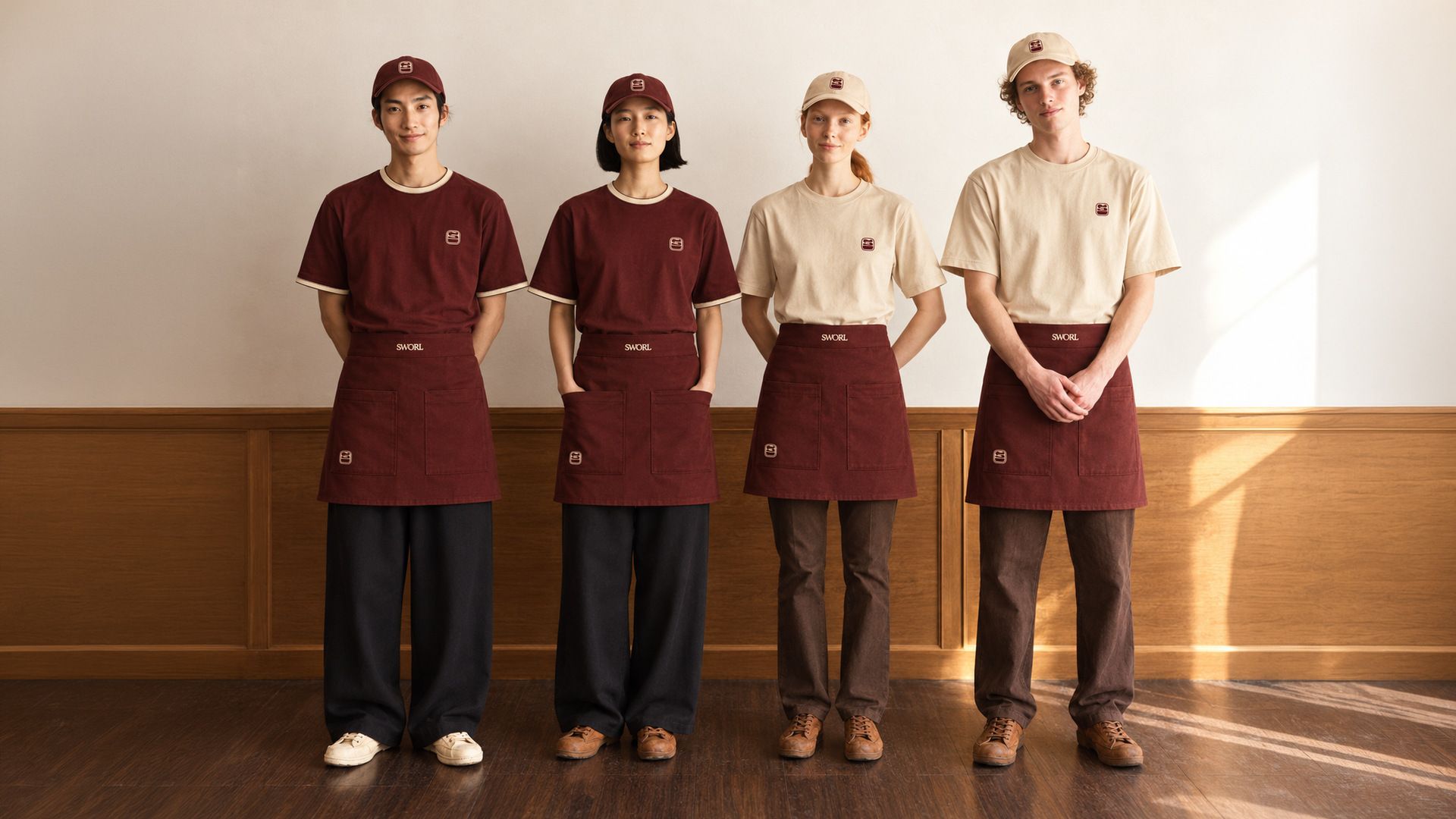 Uniform design for SWORL featuring burgundy and cream tees, caps and aprons by TRUFFL branding agency