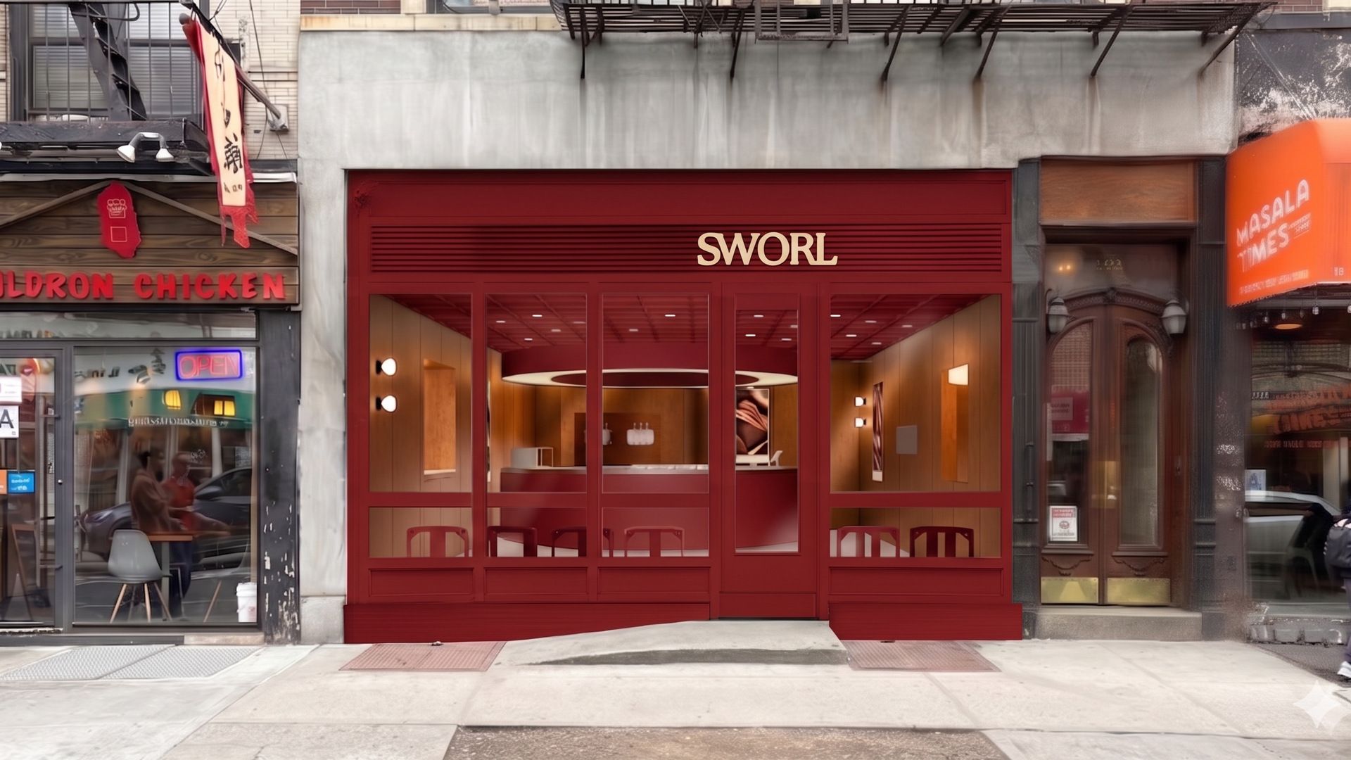 Retail design for SWORL featuring the burgundy New York storefront by TRUFFL branding agency