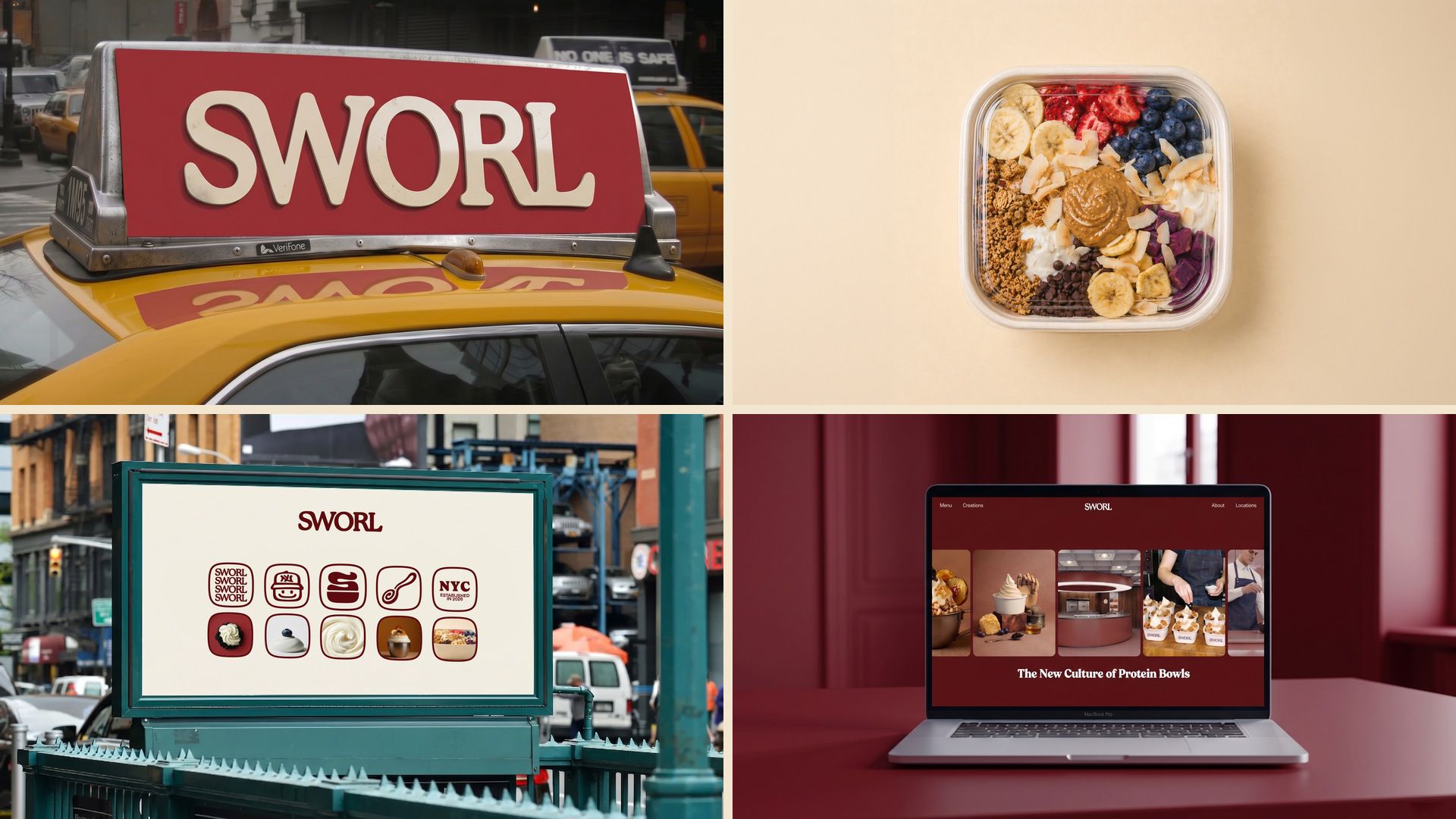 Brand applications for SWORL featuring a taxi topper, a packaged bowl, a subway sign and the website by TRUFFL branding agency