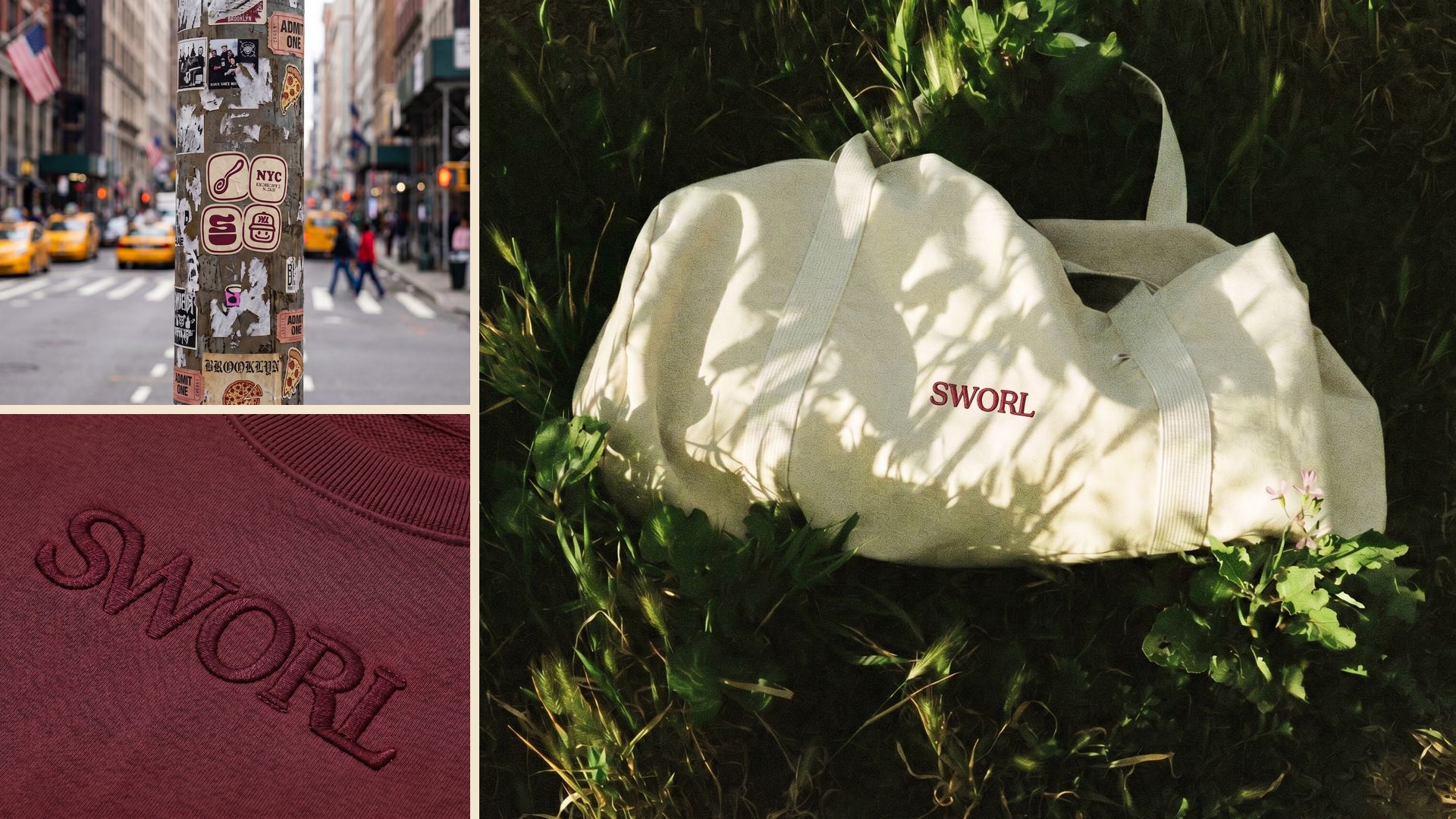 Merchandise for SWORL featuring stickers, an embroidered crewneck and a canvas duffel by TRUFFL branding agency