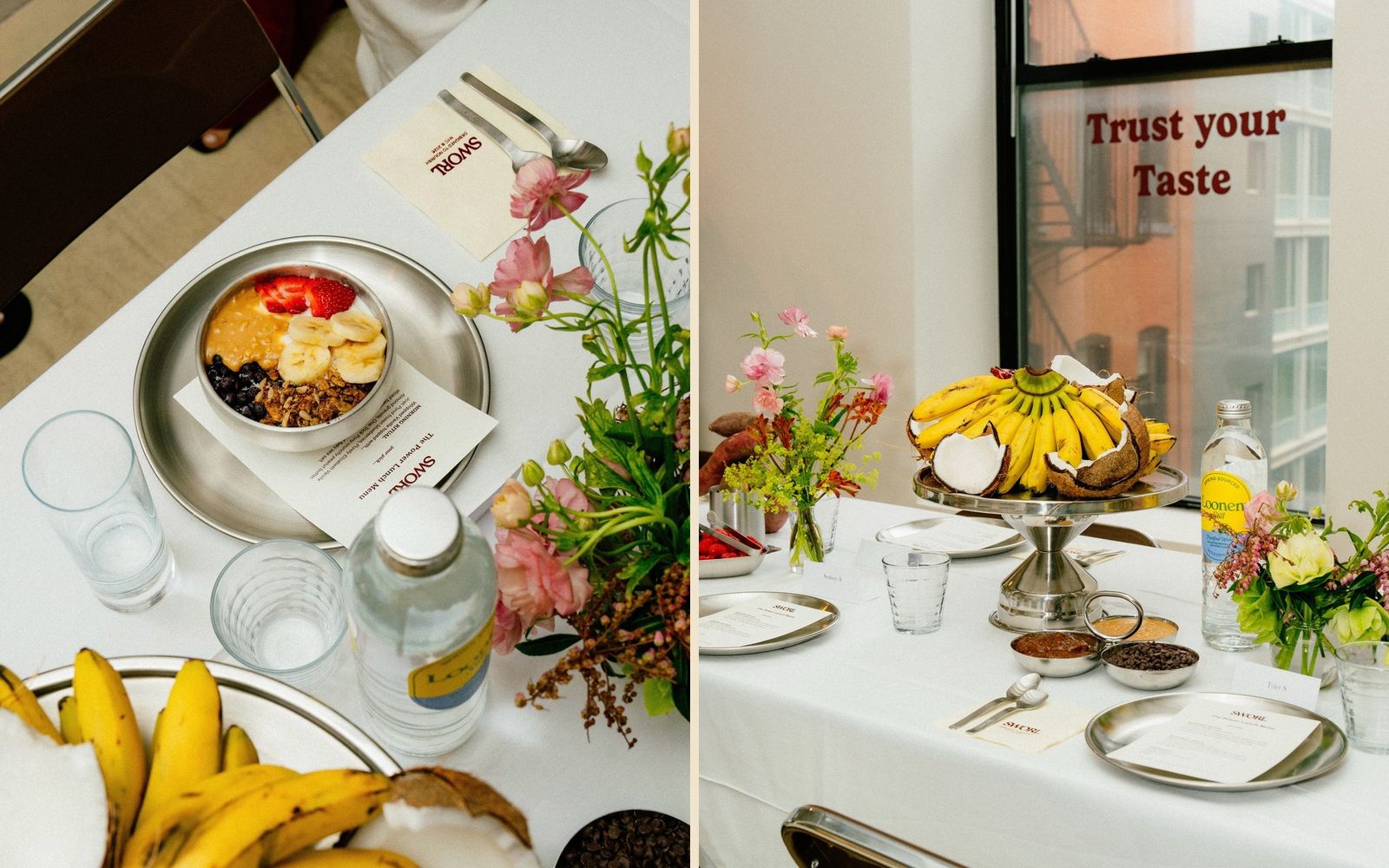 Launch event for SWORL featuring a protein bowl place setting and Trust Your Taste window lettering by TRUFFL branding agency