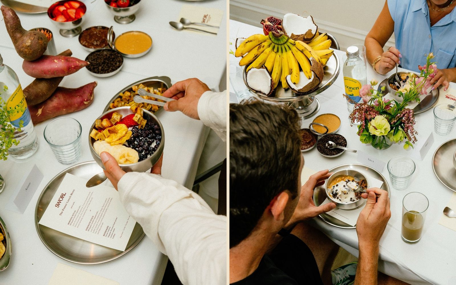 Launch event for SWORL featuring a guest building a bowl and a branded napkin with honeycomb by TRUFFL branding agency