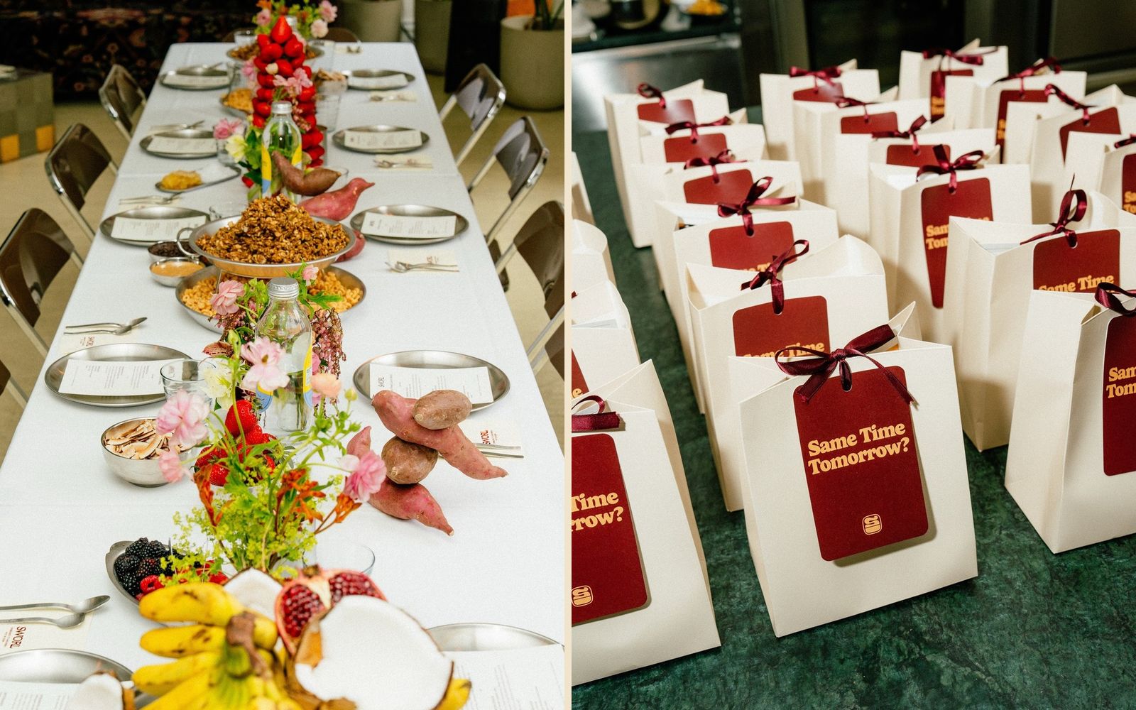 Launch event for SWORL featuring the tablescape and Same Time Tomorrow gift bags by TRUFFL branding agency