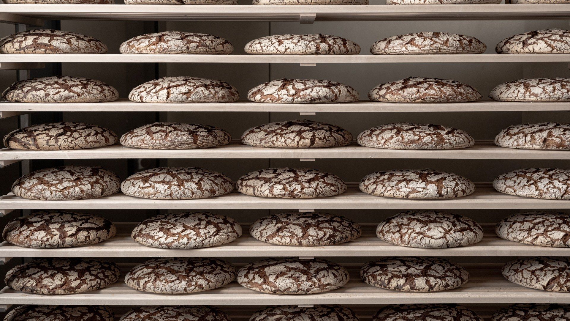 Bakery photography for RYE by Martin Auer featuring racks of fresh rye loaves by TRUFFL branding agency