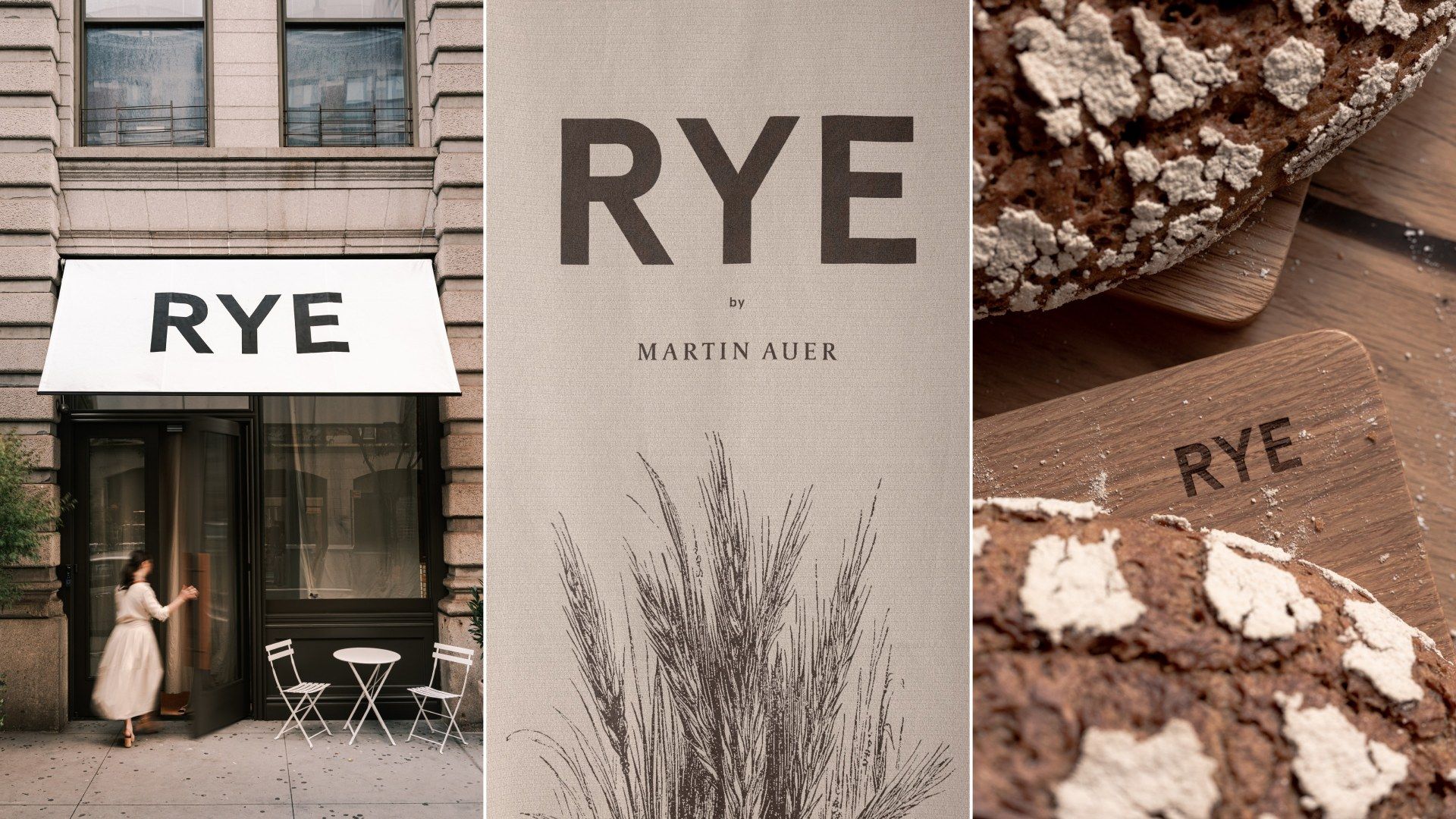 Branding applications for RYE by Martin Auer featuring the awning, linen banner and loaf board by TRUFFL branding agency