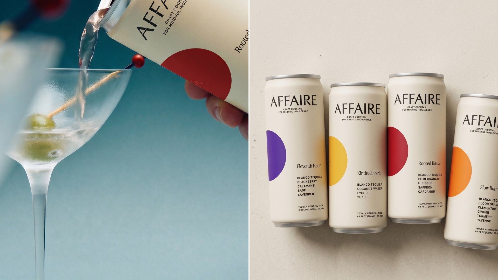 Product photography for Affaire featuring a Rooted Ritual pour and the four-can lineup by TRUFFL branding agency