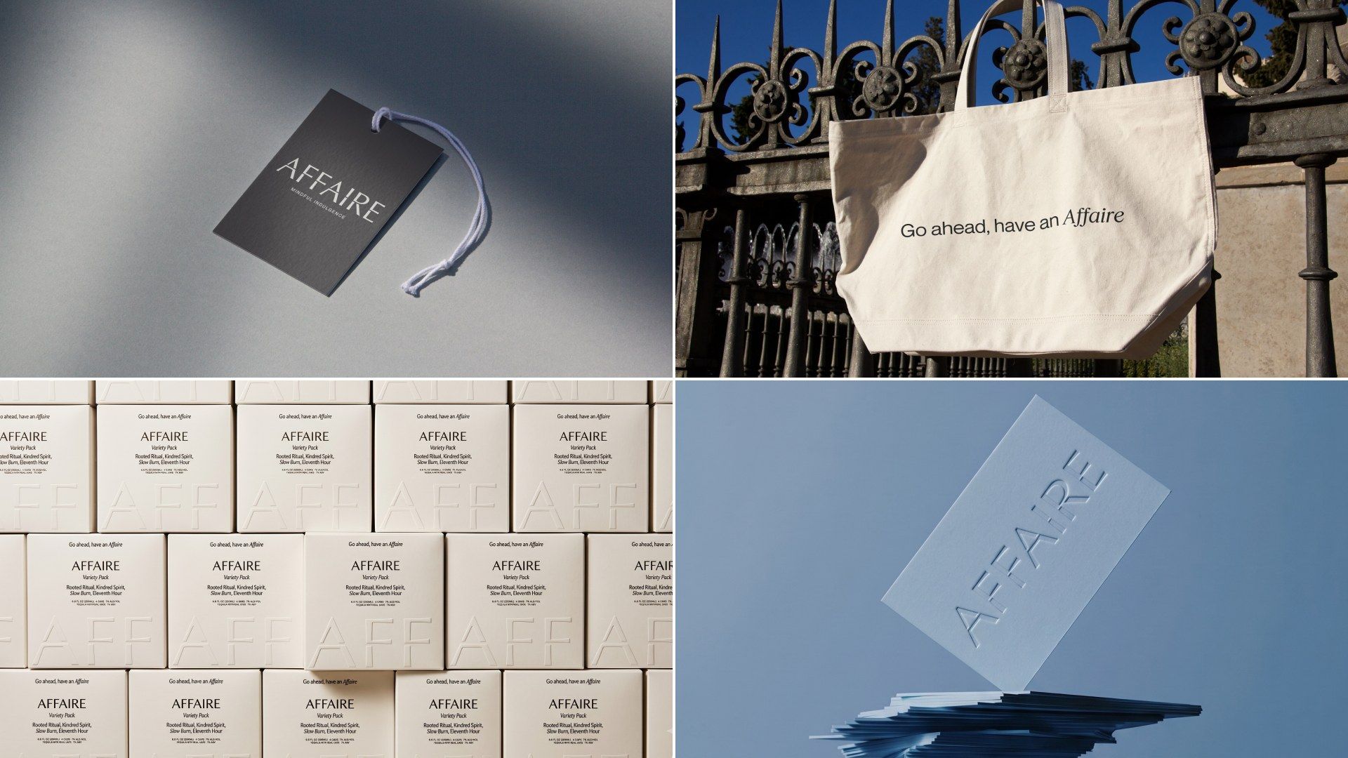 Brand applications for Affaire featuring the hang tag, tote bag, box wall and business card by TRUFFL branding agency